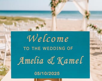 Letrero de bienvenida de boda de madera personalizado, decoración rústica de playa