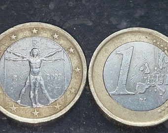 Zeldzame Italiaanse munt van 1 euro uit 2002, Leonardo Da Vinci, Man van Vitruvius, verzamelobject.
