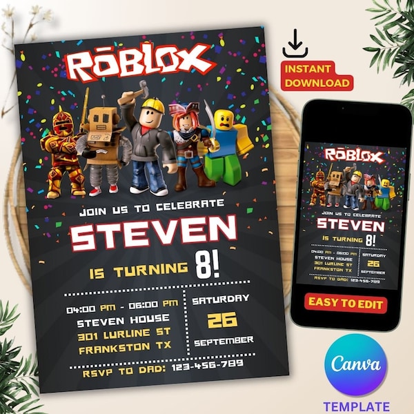 Roblox Invitation, Roblox Invite, Game Party, Roblox Boys Birthday Invitation Template, Printable Editable Template Canva, Instant Download