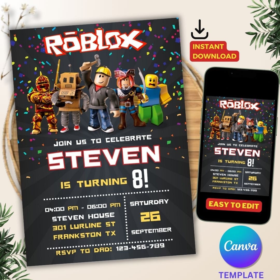 Invitación de Roblox, invitación de Roblox, fiesta de juegos, plantilla