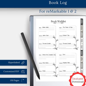 Book log for Remarkable 2, Reading log, Reading journal, Reading planner, Reading list, Reading tracker, Remarkable templates, Book journal