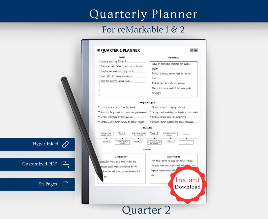 Remarkable 1 & 2 Quarterly Planner: 12 Week Template (PDF) - Etsy