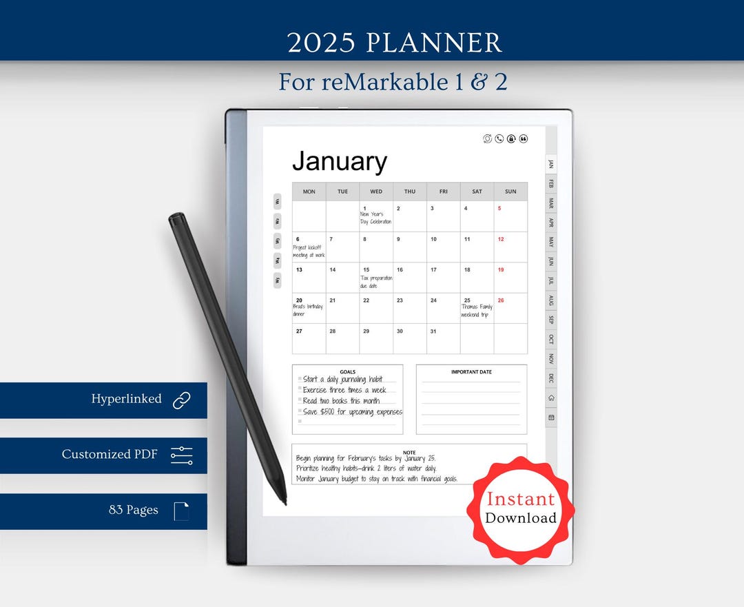 2025 Digital Planner for Remarkable 1 & 2: Hyperlinked PDF - Etsy