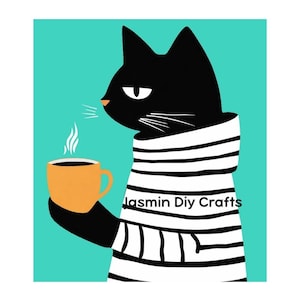 May include: A graphic illustration of a black cat wearing a white sweater with horizontal black stripes, holding an orange mug with steam rising from it. The text Jasmin Diy Crafts is printed on the sweater against a solid teal background.