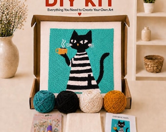 Diy Striped Kitty with Coffee Punch Needle Kits , Warmth Space Project ,Black Cat and Coffee Lovers Artwork