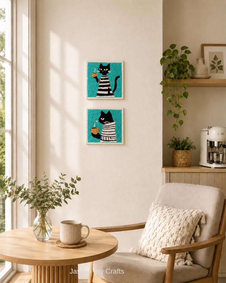 May include: Two square punch needle wall art pieces featuring black cats wearing white and black striped shirts, each holding a yellow mug with steam, set against a vibrant teal background. The textured fiber art is displayed vertically.