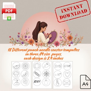 Könnte beinhalten: Digitaler Download mit 18 Vorlagen für Untersetzer mit Punch Needle. Die Designs umfassen verschiedene Bilder, jeweils 8,6 cm im Durchmesser. Das Bild enthält ein PDF-Symbol und die Worte "Sofort-Download".