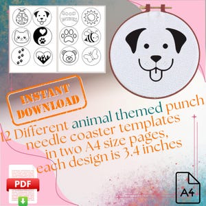 Puede incluir: Descarga digital con 12 plantillas de posavasos de aguja perforada con temática de animales. Cada diseño tiene 8,6 cm de diámetro. Incluye una cara de perro en un bastidor de bordado y otros diseños.