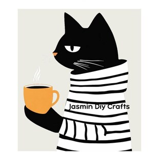May include: A graphic illustration of a black cat wearing a white sweater with horizontal black stripes. The cat holds an orange mug with steam rising from it. The text "Jasmin Diy Crafts" is printed in black on the cat's sweater.