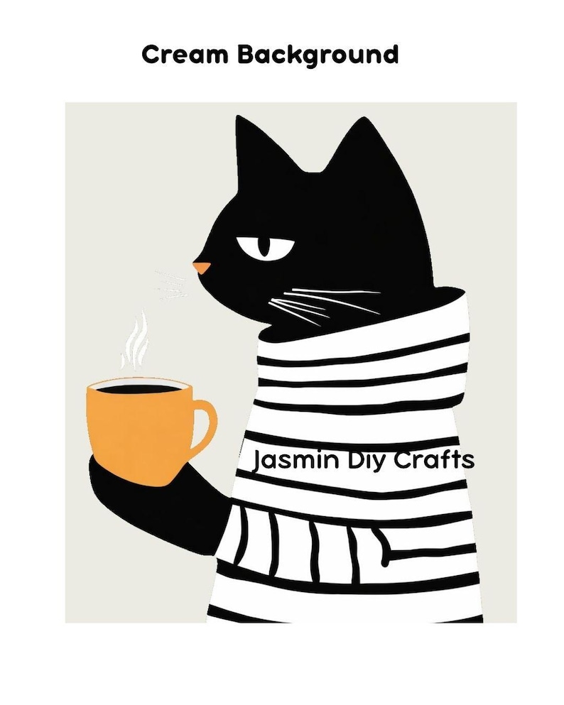 May include: A graphic illustration of a black cat wearing a white sweater with horizontal black stripes. The cat holds an orange mug with steam rising from it. The text "Jasmin Diy Crafts" is printed in black on the cat's sweater.
