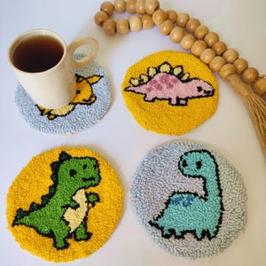 4 Pieces Dinosaur Punch Coasters Diy Kit ,Cute Mug Mat for Boys Room ,Needle Set Gift for Birthday , All Materials Included , Do It Yourself