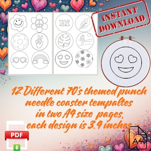 Puede incluir: Descarga digital con 12 plantillas de posavasos de aguja perforada con temática de los años 70. Cada diseño tiene 8,6 cm de diámetro. Los diseños incluyen una carita sonriente, un signo de la paz y flores. También incluye el texto "INSTANT DOWNLOAD".
