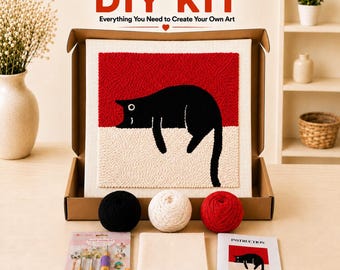 Sleepy Black Cat Punch Needle Diy Kit , Newcomer Crafter , Minimalist Home Style , Shelf Embroidery İdea