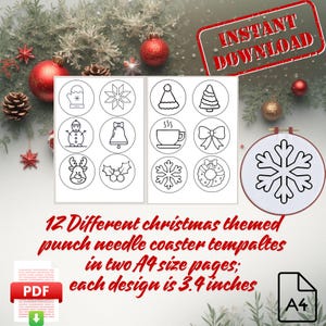 Könnte beinhalten: Digitaler Download mit 12 weihnachtlichen Punch-Needle-Untersetzer-Vorlagen. Jedes Design, in kreisförmigem Format, zeigt festliche Symbole wie Schneeflocken, einen Schneemann und einen Weihnachtsbaum. Der Text lautet "SOFORT-DOWNLOAD" und "jedes Design ist 8,6 cm groß".