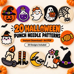Könnte beinhalten: Eine Sammlung von 20 Halloween-Punch-Needle-Mustern mit kreisförmigen Designs von Kürbissen, Geistern, Zaubertrank, Spinnennetz, Kerze, Mondsichel mit Fledermäusen und Hexenhüten. Der Text lautet 20 HALLOWEEN PUNCH NEEDLE PATTERNS.