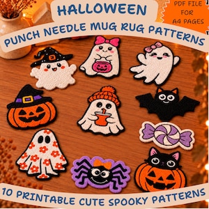 May include: A collection of ten punch needle mug rug patterns featuring Halloween designs including ghosts, pumpkins, a bat, a spider, and candy. The text reads HALLOWEEN PUNCH NEEDLE MUG RUG PATTERNS and 10 PRINTABLE CUTE SPOOKY PATTERNS PDF FILE FOR A4 PAGES.