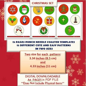 May include: A digital download of 15 printable punch needle coaster templates in two sizes: 3.34 inches (8.5 cm) and 4.33 inches (11 cm). The templates feature 15 different Christmas-themed designs, including a snowman, a gingerbread man, a reindeer, a candle, a star, a wreath, and a glass of champagne.