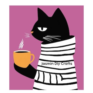May include: A graphic illustration of a black cat wearing a white sweater with horizontal black stripes, holding a yellow mug with steam rising from it. The text "Jasmin Diy Crafts" is printed on the sweater against a solid lilac background.