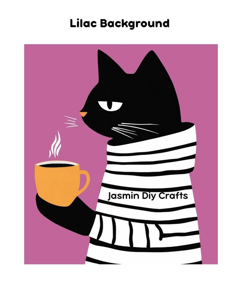 May include: A graphic illustration of a black cat wearing a white sweater with horizontal black stripes, holding a yellow mug with steam rising from it. The text "Jasmin Diy Crafts" is printed on the sweater against a solid lilac background.
