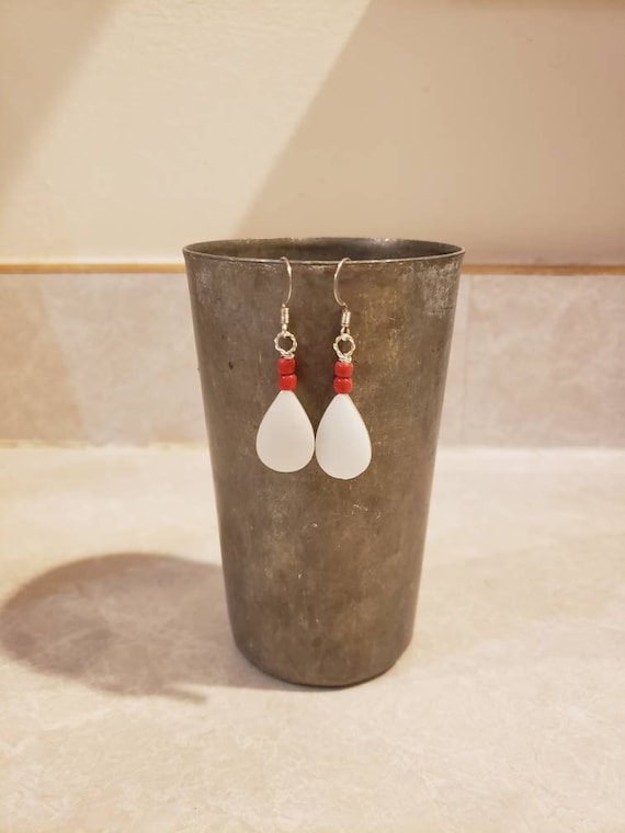 Upcycled White Pyrex Earrings with Red Beads - image 1