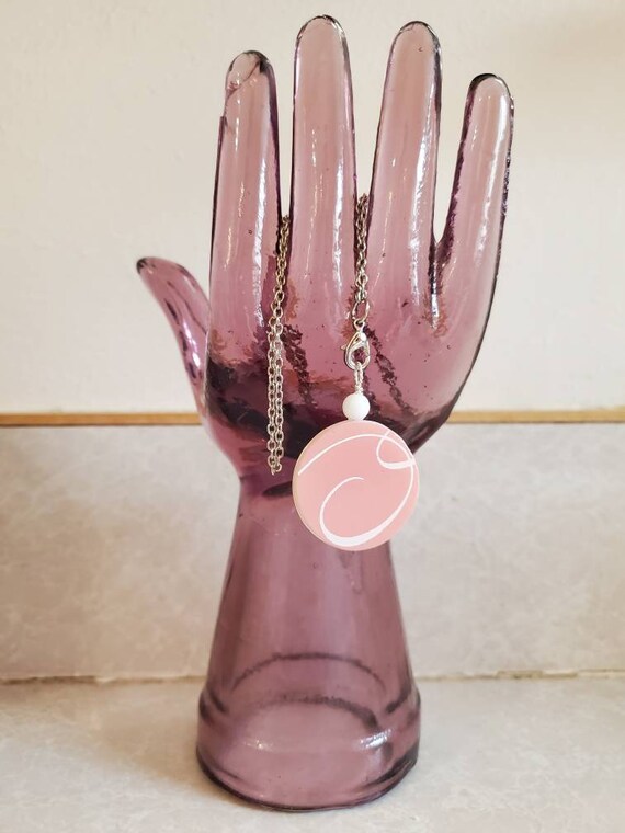 Upcycled Pyrex Pink Scroll Space Saver Necklace P… - image 1