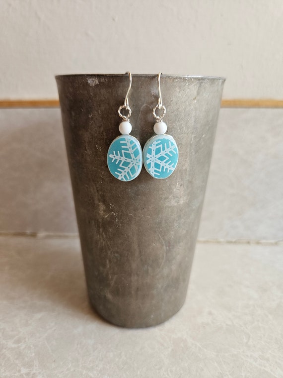 Upcycled Turquoise Pyrex Snowflake Earrings