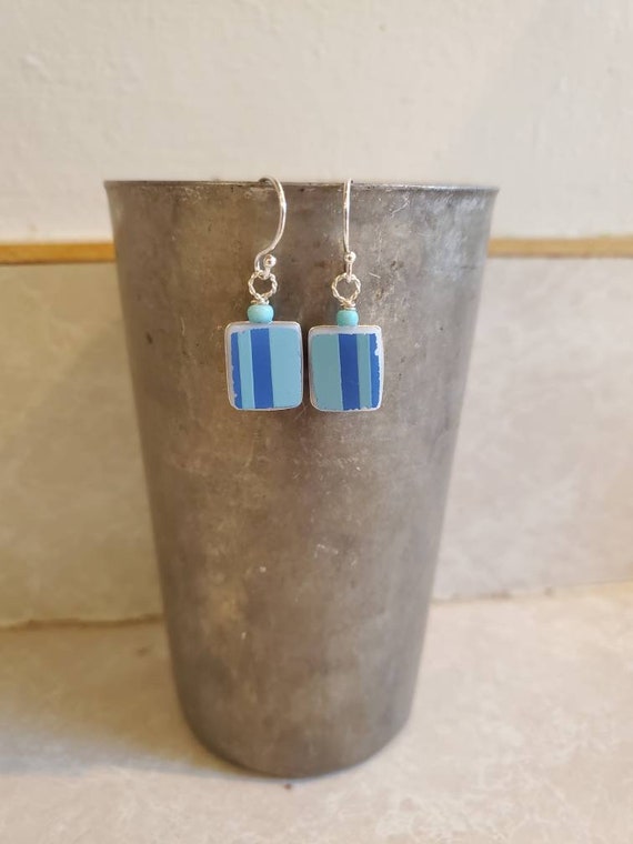 Upcycled Pyrex Blue Barcode Earrings