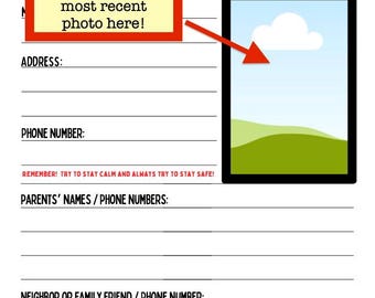 Hoja de trabajo de emergencia 911 para niños, actividad de seguridad, plantilla PDF editable de información personal para Canva