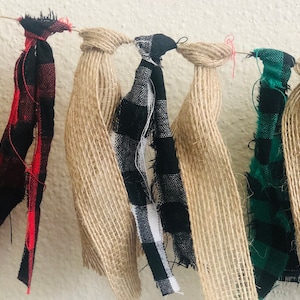 Christmas Garland, Farmhouse, Rustic Burlap Buffalo Plaid Decor, 70&quot; Long, festive