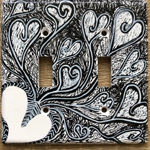 Black and White Thistle Hearts Design on a double toggle switch plate cover, gift for home, Valentine&#39;s Day