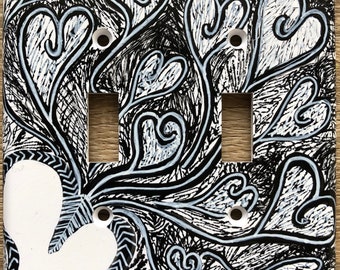 Cubierta para interruptor de luz de doble palanca: Diseño en blanco y negro, corazones de cardo dibujados a mano