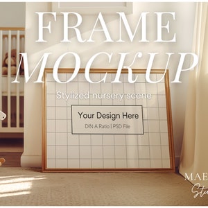 Horizontal Frame Mockup in Nursery Frame Mockup Kids Room DIN A ISO PSD Thin Wood Frame Mockup for Artwork and Poster Mockup with Reflection