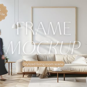 Horizontal Frame Mockup in Living Room Mockup 4x5 Ratio Frame Mockup Scandinavian Thin Wood Frame Mockup PSD Poster Mockup with Person