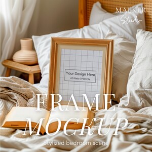 Wood Frame Mockup in Boho Bedroom Mockup 4x5 Ratio Vertical Frame Mockup PSD Art Poster Mockup Scandinavian Digital Frame with Reflection