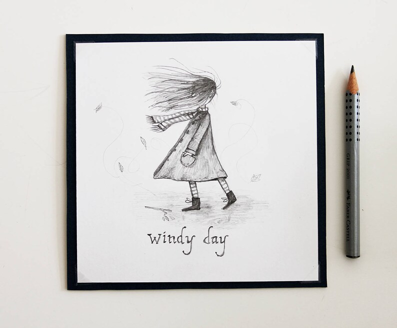 Original windy day drawing small illustration of a girl or ...