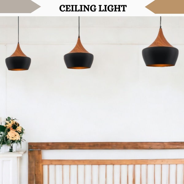 Rustic Pendant Light | Industrial Schoolhouse Style | Natural Wood Grain Ceiling Light for Kitchen | Hanging Pendant Lamp