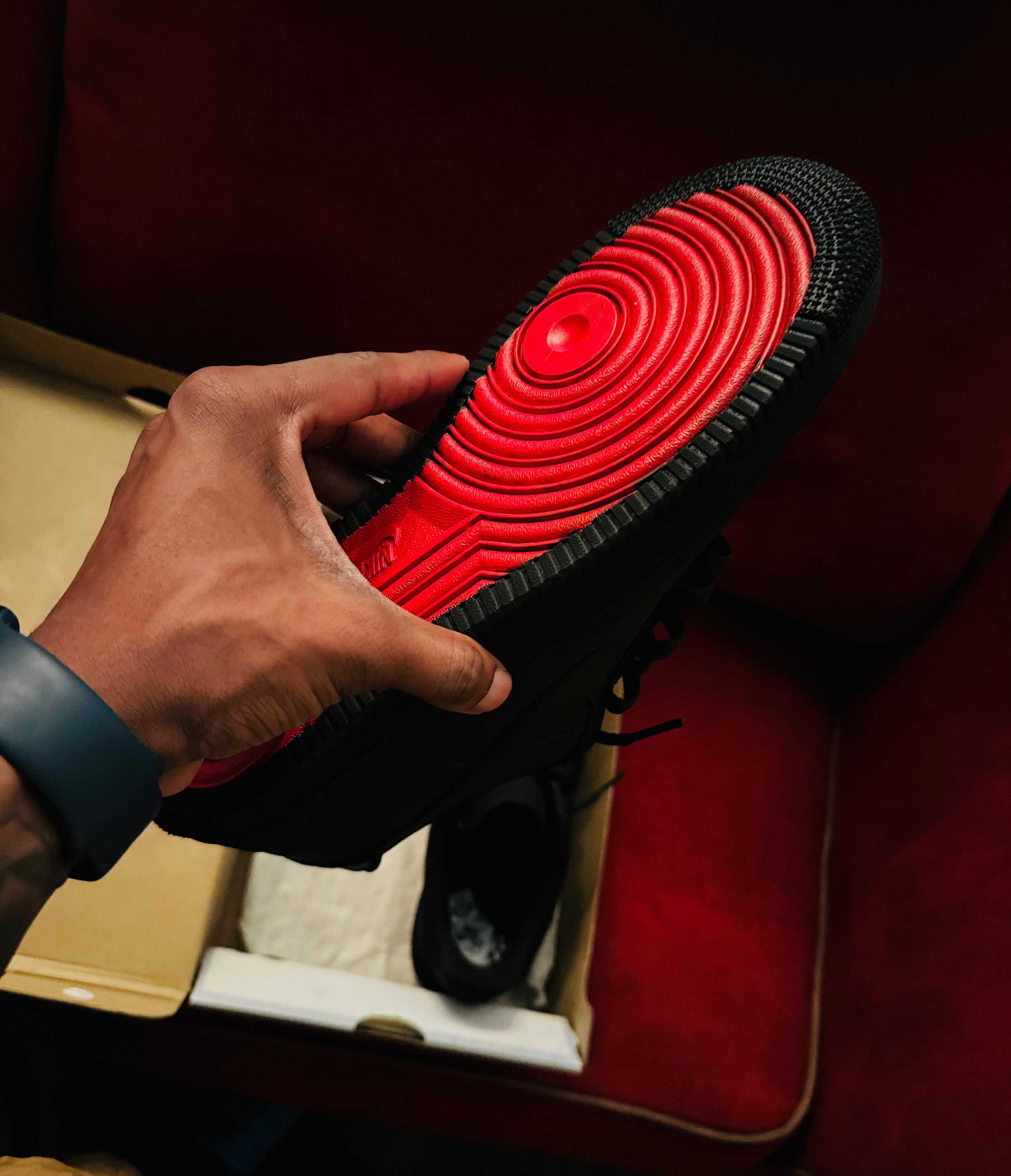 High top black air force ones with red bottom hot sale