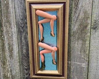 Weird OOAK upcycled framed sexy doll leg assemblage Wall Art