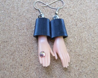 Upcycled Barbie Hand Bottle Cap Earrings -with Silver colored ring