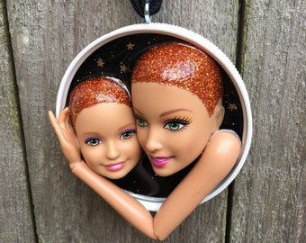 Mother and Daughter upcycled doll pendant - black and white