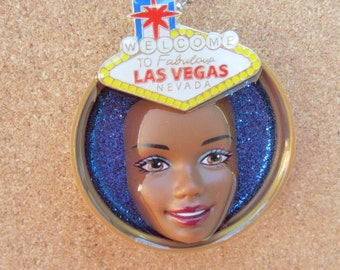 Upcycled Vegas doll face bottle cap resin pendant necklace jewelry