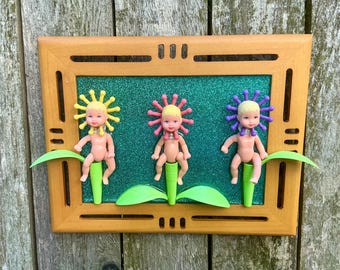 Upcycled Doll Flower buddies framed wall art
