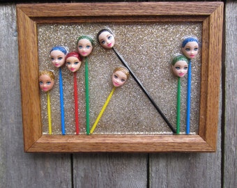 Weird doll art,  Pick Up sticks, Polly Pocket, Framed, Upcycled