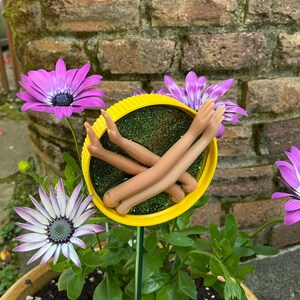 May include: A whimsical garden stake featuring a yellow circular frame with a green interior, holding several doll arms. The stake is surrounded by vibrant purple and white flowers in a terracotta pot, set against a brick wall.