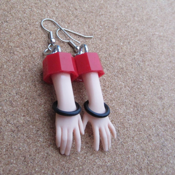 RED -upcycled bottle cap Barbie Doll hand earrings