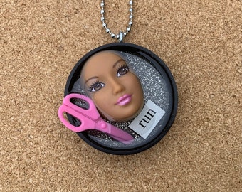 Weird Run With Scissors doll face pendant, Necklace, Friend gift, bottle cap resin jewelry