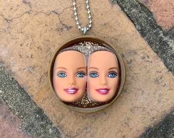 Upcycled Twin Vintage doll face pendant necklace bottle cap resin jewelry