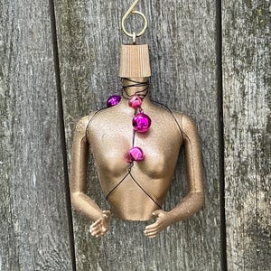 Weird Christmas Ornament wire wrapped golden female doll torso