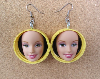 Weird upcycled doll face earrings yellow