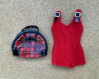 Vintage 2 piece Barbie red corduroy doll jumper and Winter Holiday plaid zipper bag